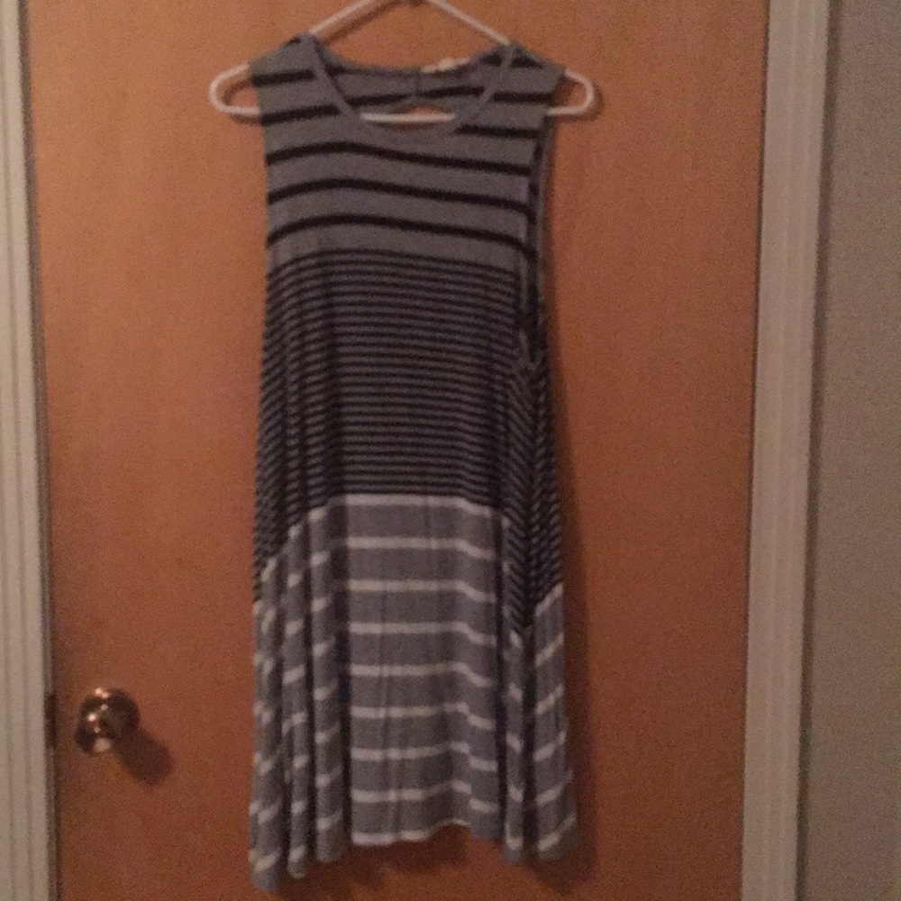 Gray, black and white stripe tee shirt dress